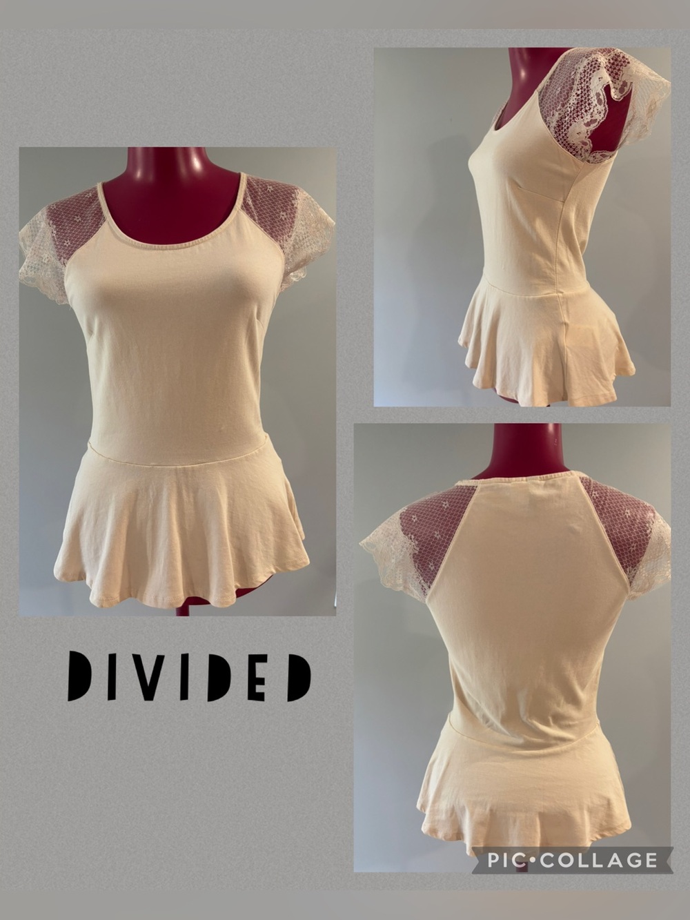 Divided Cream Lace Sleeve peplum Women's Top size 8